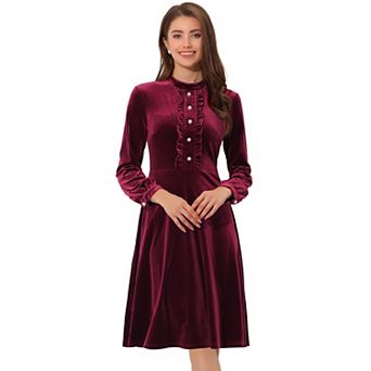 Velvet Dress for Women's Mock Neck Button Front Ruffle Vintage Flared Dresses