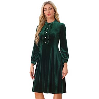 Velvet Dress for Women's Mock Neck Button Front Ruffle Vintage Flared Dresses