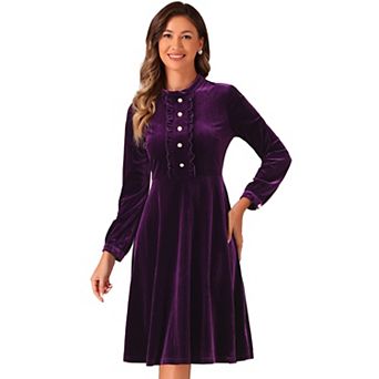 Velvet Dress for Women's Mock Neck Button Front Ruffle Vintage Flared Dresses