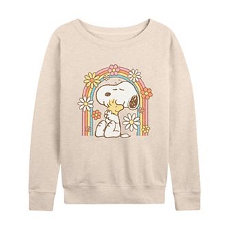 Women's Peanuts Snoopy and Woodstock Flower Rainbow French Terry Long Sleeve Tee
