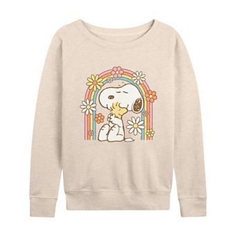 Women's Peanuts Snoopy and Woodstock Flower Rainbow French Terry Long Sleeve Tee