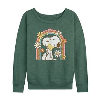 Women's Peanuts Snoopy and Woodstock Flower Rainbow French Terry Long Sleeve Tee