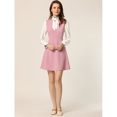 Women's Elegant Contrast Ruffle Stand Collar Bow Tie Puff Sleeve Office Dress