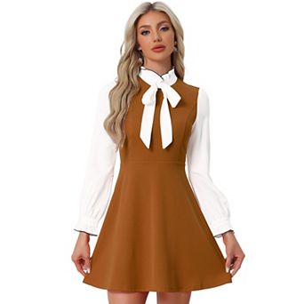 Women's Elegant Contrast Ruffle Stand Collar Bow Tie Office Dress
