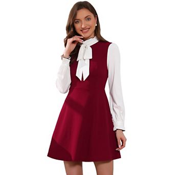Women's Elegant Contrast Ruffle Stand Collar Bow Tie Puff Sleeve Office Dress