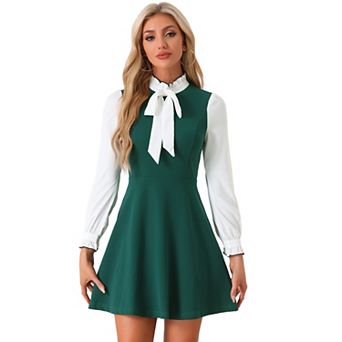 Women's Elegant Contrast Ruffle Stand Collar Bow Tie Puff Sleeve Office Dress