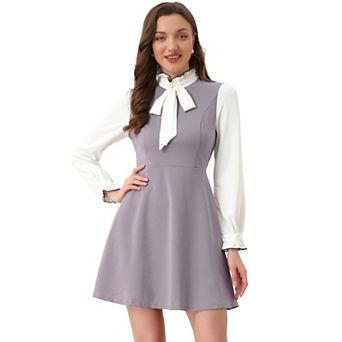 Women's Elegant Contrast Ruffle Stand Collar Bow Tie Puff Sleeve Office Dress