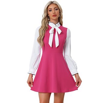 Women's Elegant Contrast Ruffle Stand Collar Bow Tie Puff Sleeve Office Dress