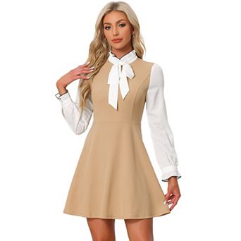 Women's Elegant Contrast Ruffle Stand Collar Bow Tie Puff Sleeve Office Dress