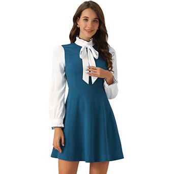 Women's Elegant Contrast Ruffle Stand Collar Bow Tie Office Dress