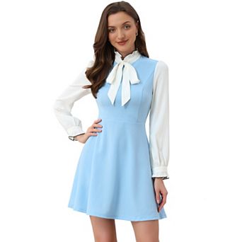 Women's Elegant Contrast Ruffle Stand Collar Bow Tie Puff Sleeve Office Dress