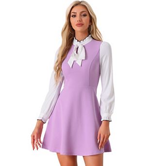 Women's Elegant Contrast Ruffle Stand Collar Bow Tie Puff Sleeve Office Dress