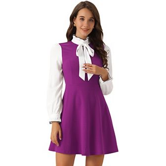 Women's Elegant Contrast Ruffle Stand Collar Bow Tie Puff Sleeve Office Dress