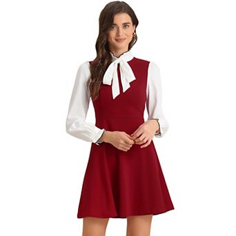 Women's Elegant Contrast Ruffle Stand Collar Bow Tie Puff Sleeve Office Dress