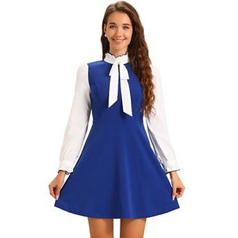 Women's Elegant Contrast Ruffle Stand Collar Bow Tie Puff Sleeve Office Dress