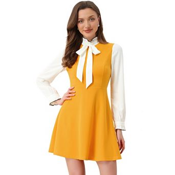 Women's Elegant Contrast Ruffle Stand Collar Bow Tie Puff Sleeve Office Dress