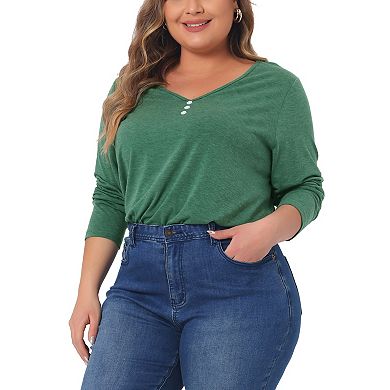 Plus Size Tshirt For Women Casual Tops Button Front Long Sleeve Tee Top