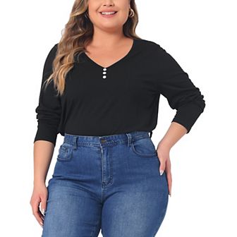 Plus Size Tshirt For Women Casual Tops Button Front Long Sleeve Tee Top