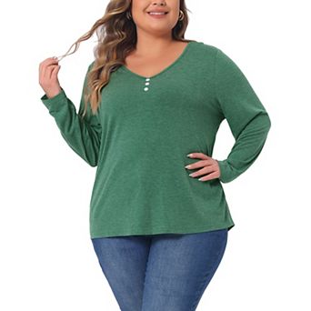 Plus Size Tshirt For Women Casual Tops Button Front Long Sleeve Tee Top