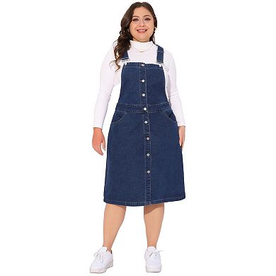 Plus Size Denim Overall Dress for Women Button Front Adjustable Strap Suspender Jean Skirt
