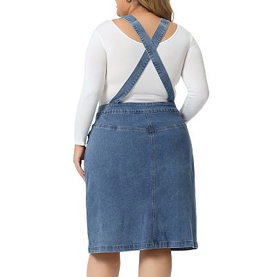 Plus Size Denim Overall Dress for Women Button Front Adjustable Strap Suspender Jean Skirt