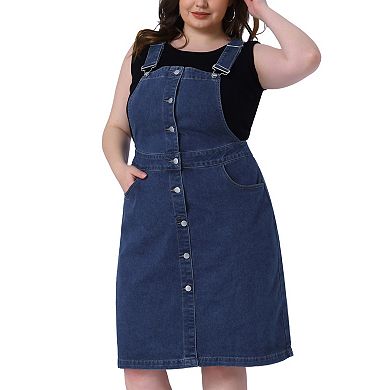 Plus Size Denim Overall Dress for Women Button Front Adjustable Strap Suspender Jean Skirt