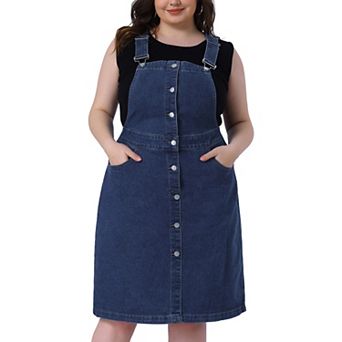 Plus Size Denim Overall Dress for Women Button Front Adjustable Strap Suspender Jean Skirt