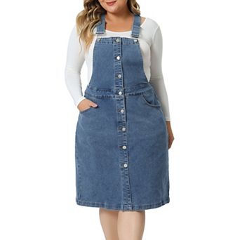 Plus Size Denim Overall Dress for Women Button Front Adjustable Strap Suspender Jean Skirt