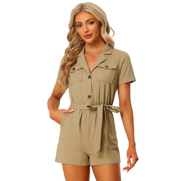 Women's Short Jumpsuit Short Sleeve Tie Waist 100 Cotton Cargo
