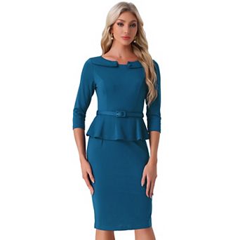 Women's Vintage Pencil Dress 3/4 Sleeves Midi Bodycon Peplum Sheath Dresses