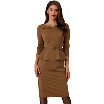 Women's Vintage Pencil Dress 3/4 Sleeves Midi Bodycon Peplum Sheath Dresses