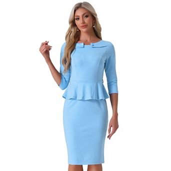 Women's Vintage Pencil Dress 3/4 Sleeves Midi Bodycon Peplum Sheath Dresses