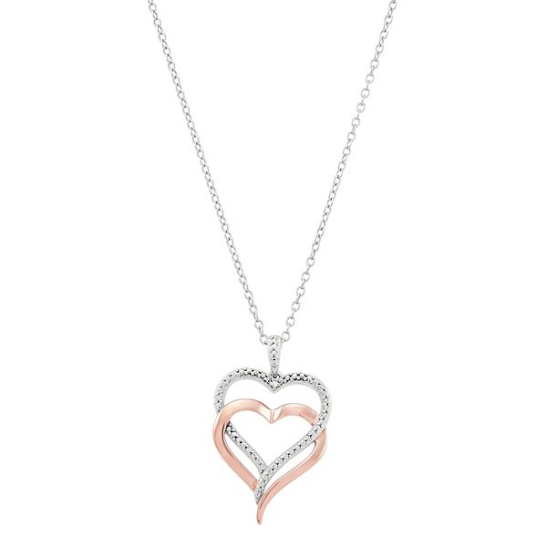 Two-Tone Sterling Silver Diamond Accent Double Heart Pendant Necklace