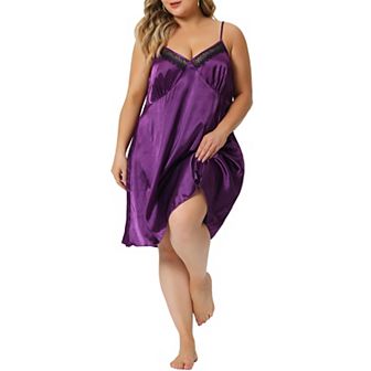 Women's Plus Size Nightgown Satin Camisole V-neck Lace Trim Lingerie Dress Sleepwear