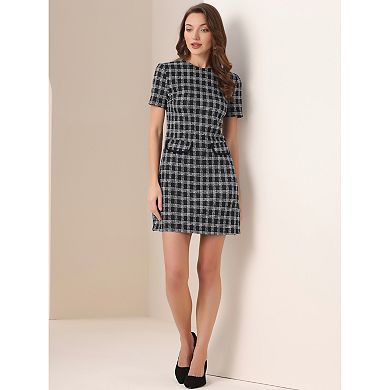Women's Vintage Houndstooth Round Neck Short Sleeve Office Pencil Sheath Dress