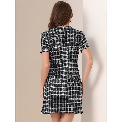 Women's Vintage Houndstooth Round Neck Short Sleeve Office Pencil Sheath Dress