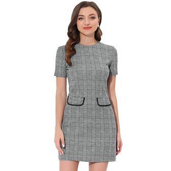 Women's Vintage Houndstooth Round Neck Short Sleeve Office Pencil Sheath Dress