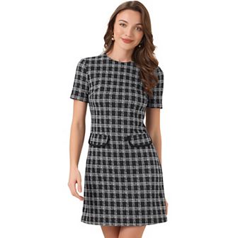 Women's Vintage Houndstooth Round Neck Short Sleeve Office Pencil Sheath Dress