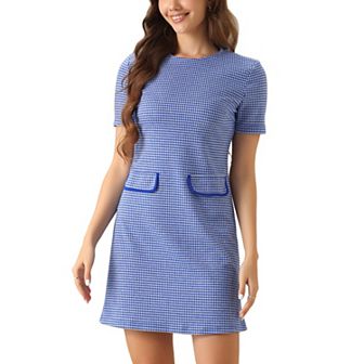 Women's Vintage Houndstooth Round Neck Short Sleeve Office Pencil Sheath Dress