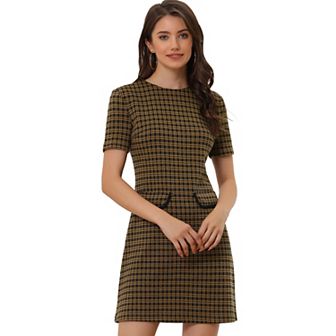 Women's Vintage Houndstooth Round Neck Short Sleeve Office Pencil Sheath Dress