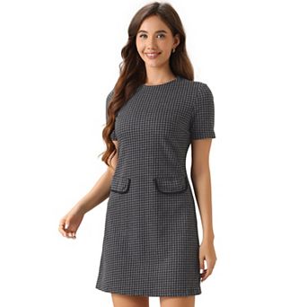 Women's Vintage Houndstooth Round Neck Short Sleeve Office Pencil Sheath Dress