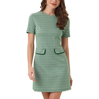 Women's Vintage Houndstooth Round Neck Short Sleeve Office Pencil Sheath Dress