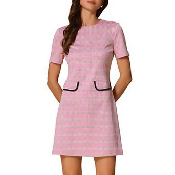Women's Vintage Houndstooth Round Neck Short Sleeve Office Pencil Sheath Dress