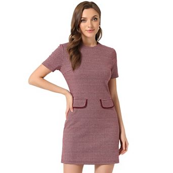Women's Vintage Houndstooth Round Neck Short Sleeve Office Pencil Sheath Dress