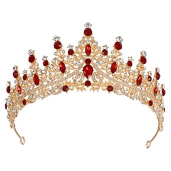 Women Faux Crystal Princess Crowns Tiara Rhinestone Tiaras Gold Tone Red