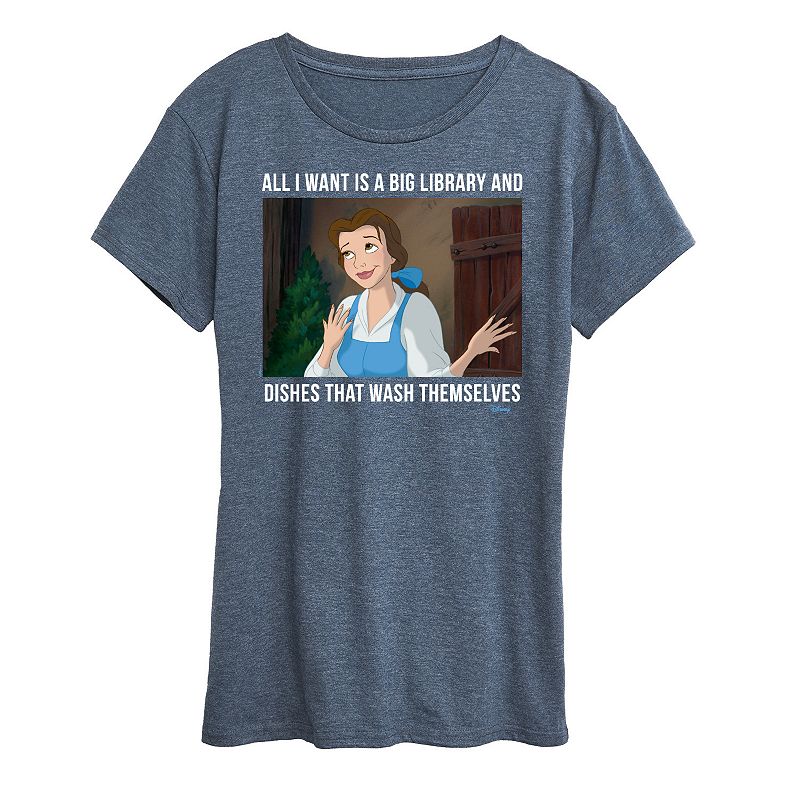 Disney Princess Belle Women's Library Graphic Tee, Girl's, Size: Small, Grey Blue