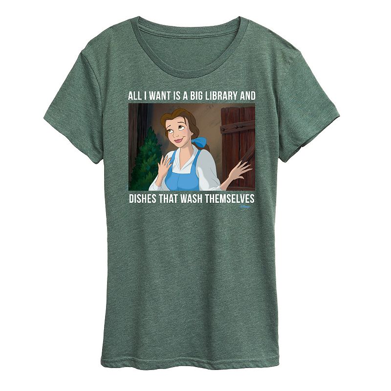 Disney Princess Belle Women's Library Graphic Tee, Girl's, Size: XL, Grey Green