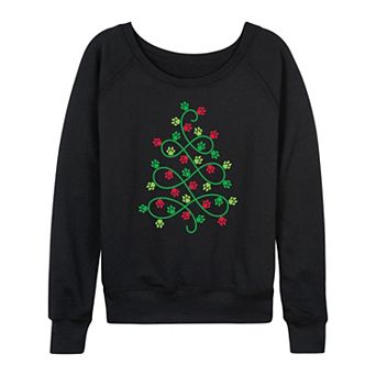 Women's Paw Print Christmas Tree French Terry Long Sleeve Tee