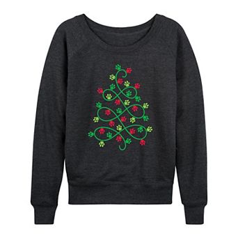 Women's Paw Print Christmas Tree French Terry Long Sleeve Tee