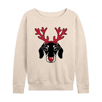 Women's Dachshund Reindeer Antlers French Terry Long Sleeve Tee